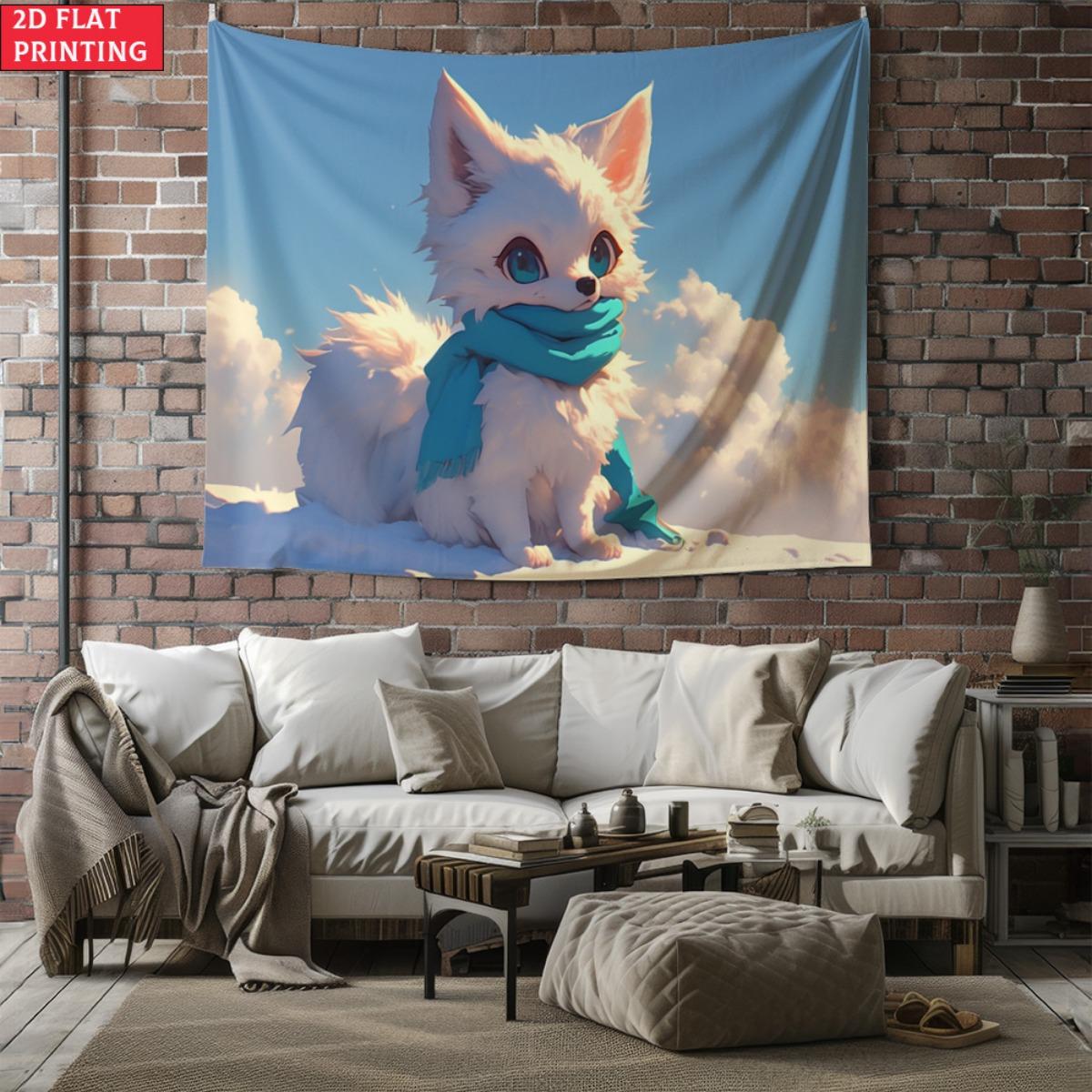 

Cute White Fox Tapestry Anime Style Arctic Fox with Scarf Wall Hanging Aesthetic Room Decor suitable use in offices bars party 74x94cm(29x37in)
