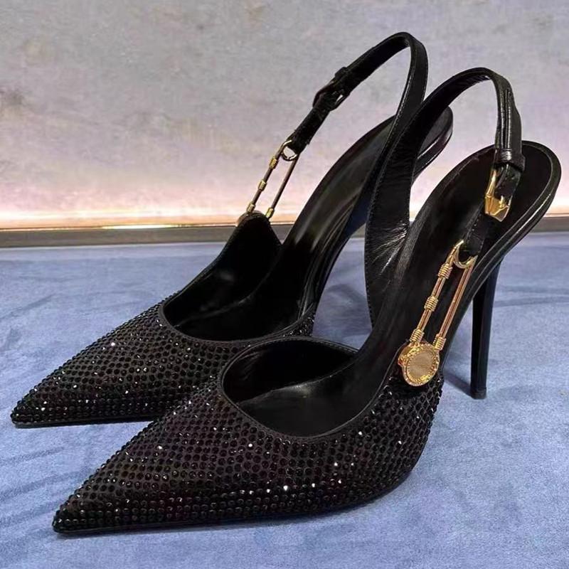 Fashion Women Shoes Luxury Rhinestones Sequined Buckle High Heels Elegant Pointed Toe Slingbacks Stiletto Shoes for Women Fashion Shoes