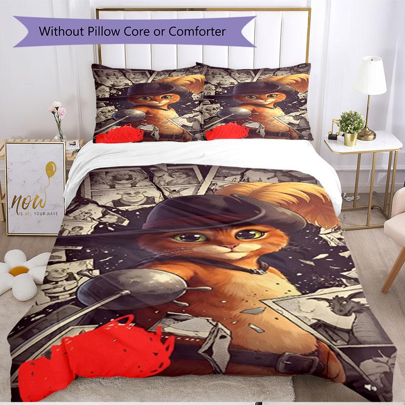 3pcs Duvet Cover Set (1*Duvet Cover + 2*Pillowcase, Without Core), Puss In Boots Print Soft All‑Season Bedding Set, Home Bedroom Decor Gift