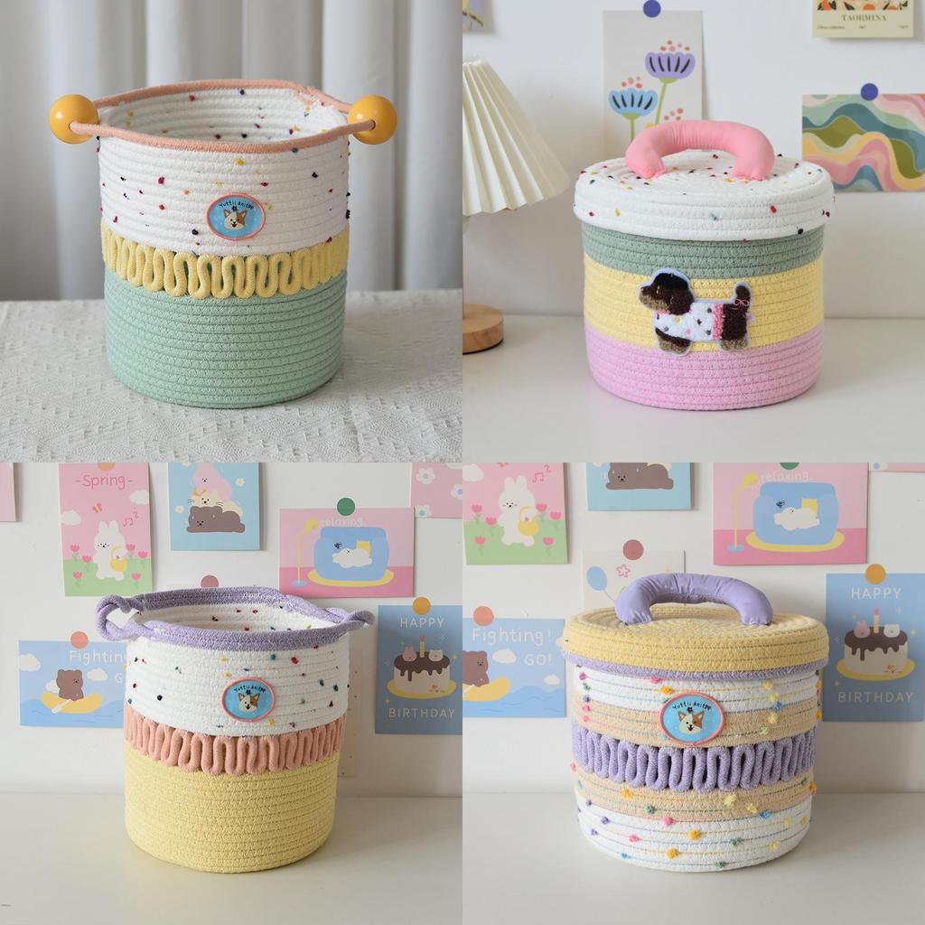 Cotton Woven Storage Basket With Colorful Dot Pattern For Dorm Room And Home Decor