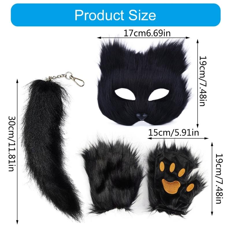 Animal Face Cover Foxes Tail Furry Gloves Plush Animal Tail Foxes Face Cover Paws Gloves for Halloween Cosplay Parties