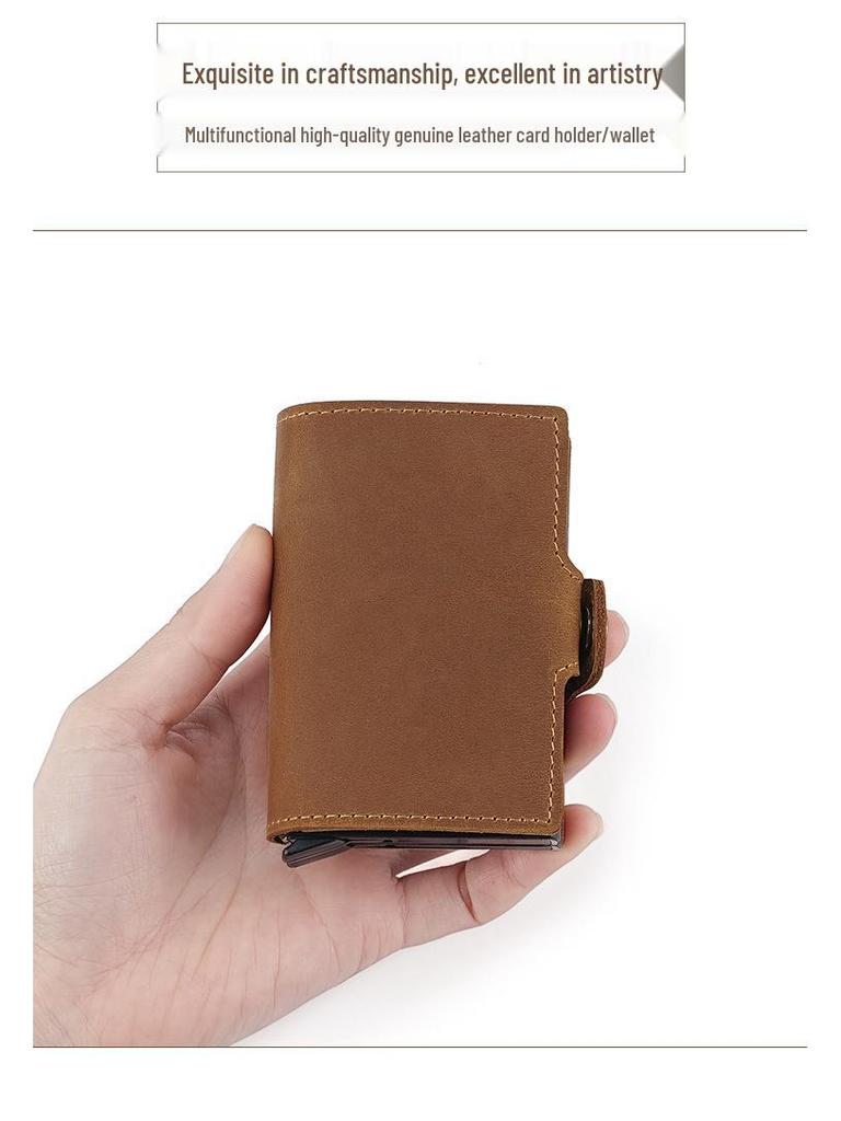Vintage 2025 Men's Double-Layer Crazy Horse Leather Card Holder with Push-Button Pop-Up and Aluminum Clip
