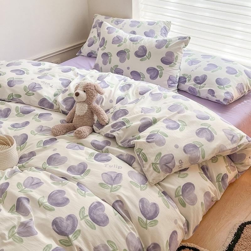 Class A Maternal Infant Grade Washed Cotton Linen 4-Pcs Set Double-Layer Yarn Quilt Cover Dormitory Bed Sheet 3-Pcs Set Household Bedding