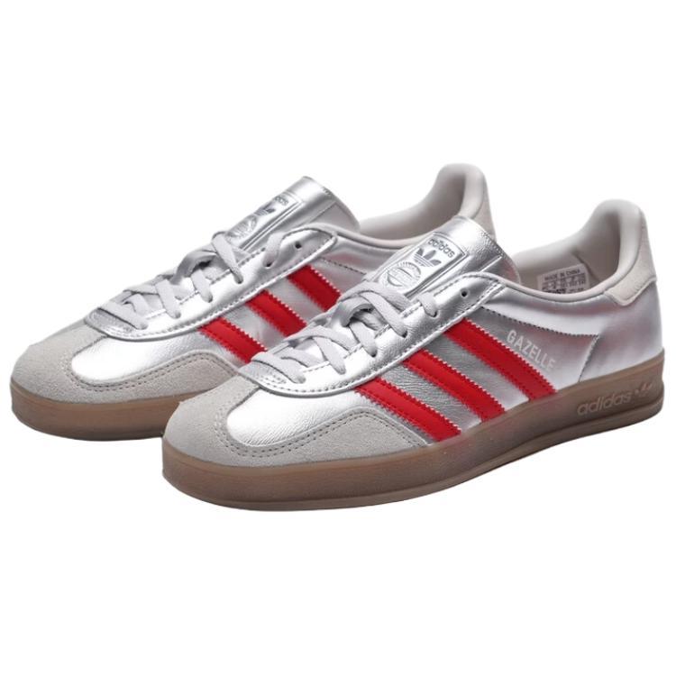 adidas Womens Gazelle Indoor 'Silver Metallic Better Scarlet Grey' (women's sizes) Silver Metallic / Better Scarlet / Grey One Skateboard Shoes