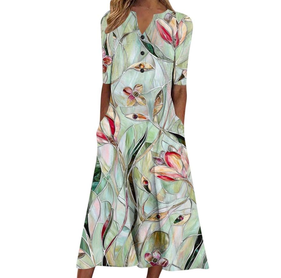 Floral Print V-Neck Mid-Sleeve Casual Dress with Pockets, Button Front, Loose Fit - White/Light Blue/Pink