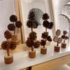 Handcrafted Tabletop Pine Cone Ornament Wood Base Forest-themed Decoration  Festive