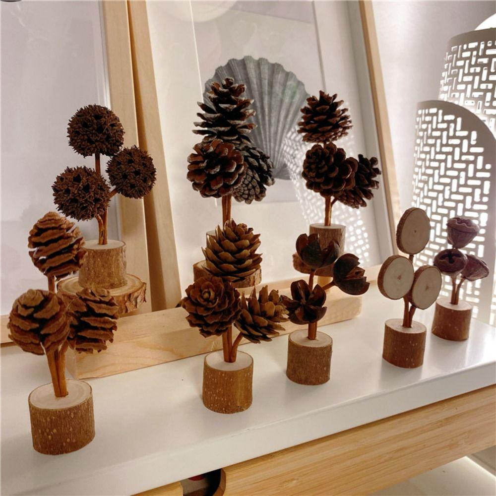 Handcrafted Tabletop Pine Cone Ornament Wood Base Forest-themed Decoration  Festive