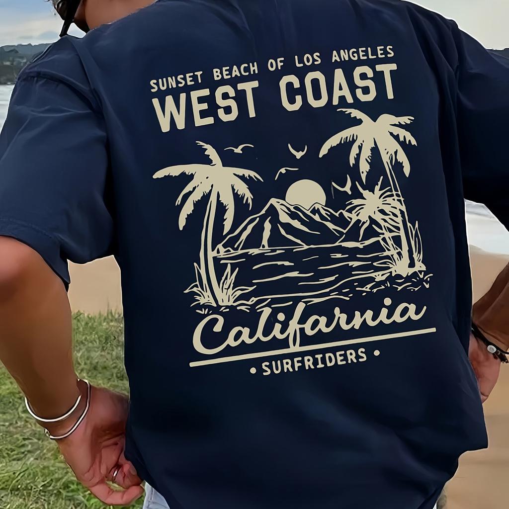 Men Vintage California Beach Surf T-shirt White Vintage Surf Graphics with West Coast Surf and Malibu Men Clothing