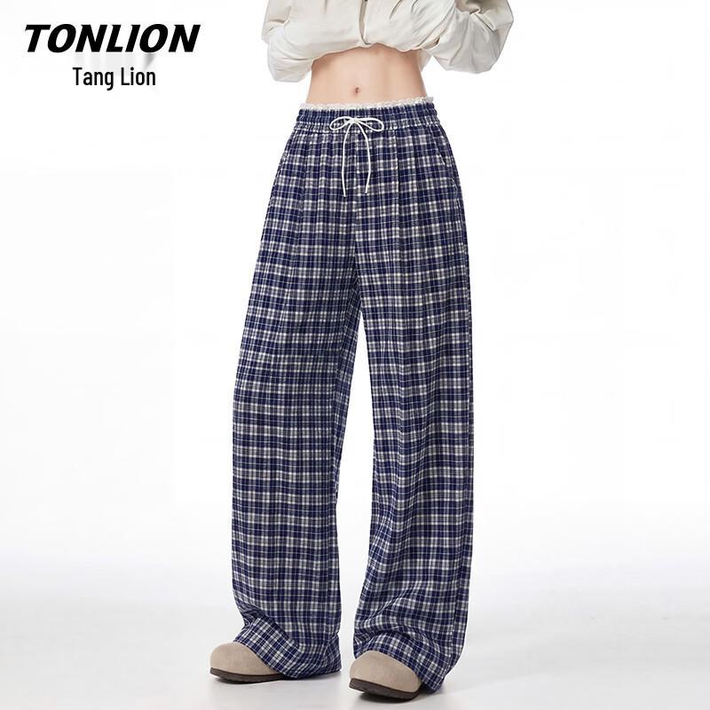TonLion Women s Plaid Straight-Leg Casual Pants L