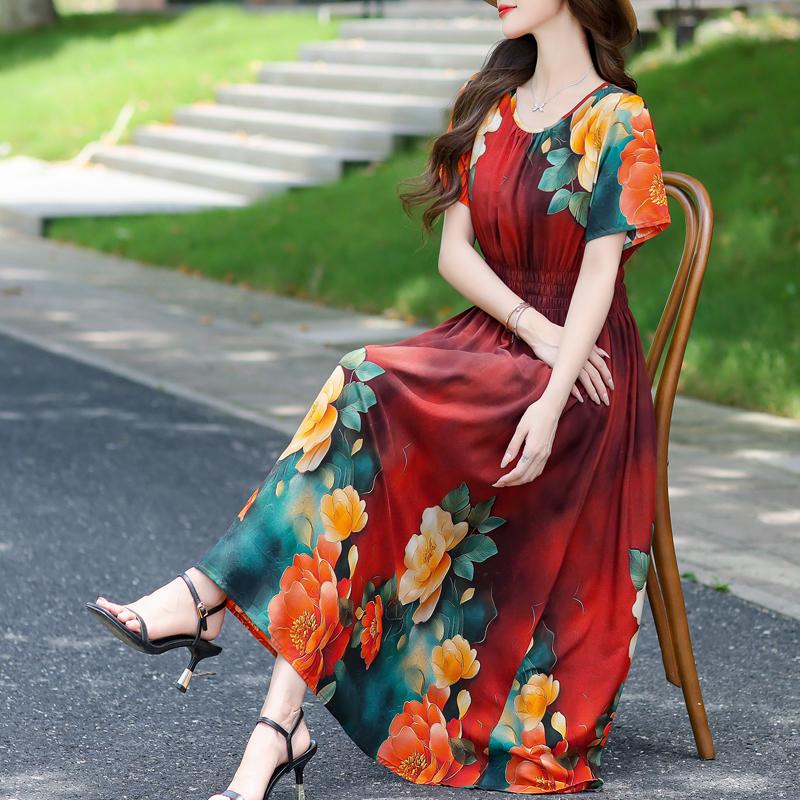 Elegantes Damenkleid Sommer Vintage Kleidung Lässig Kurzarm Lange Kleider