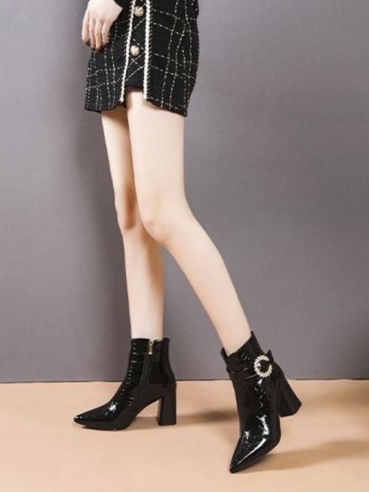 Black Leather Rhinestone Ankle Boots for Women Heeled Pointed Toe Autumn Winter Woman Short Shoes Y2k Goth New Rock Booties Sale
