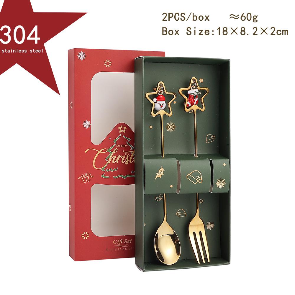 HANYANG juleskjesett julegavebestikk To sett med dessertskjeer og gafler Santa elg dukkeskje
