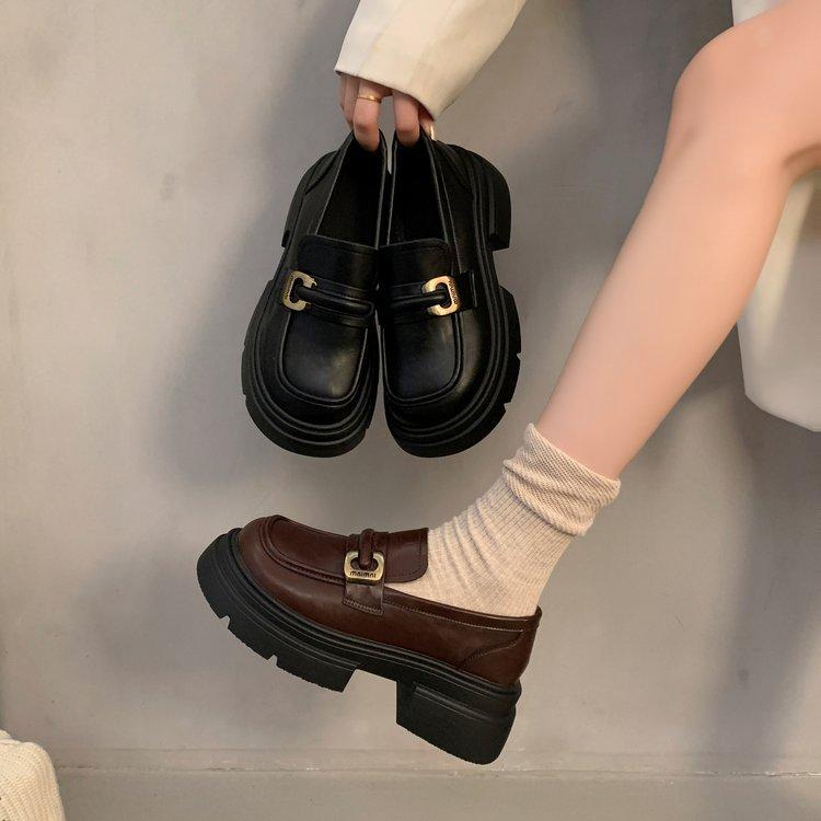 British style platform heightening small leather shoes women's French one-pedal not tired feet single shoes 2025 new black loafers