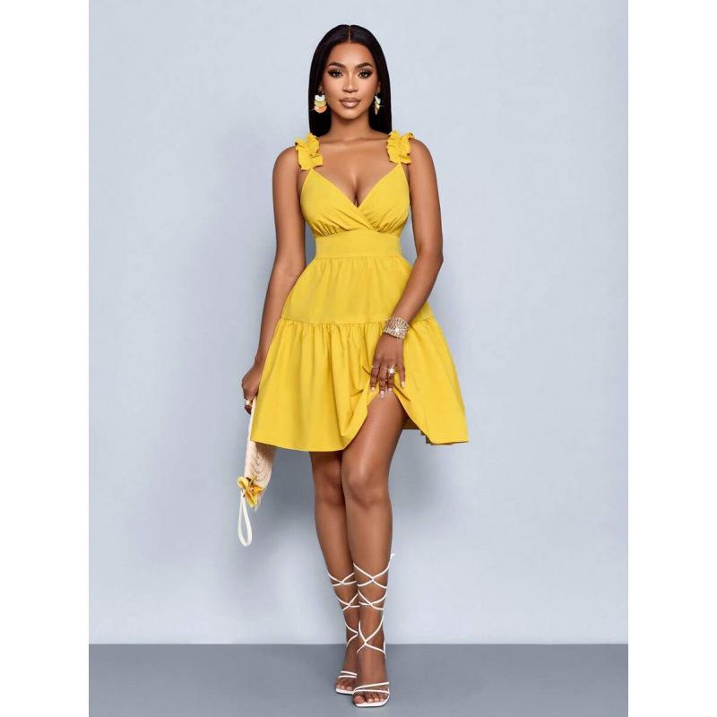 European summer new fashion solid color loose casual backless V-neck sleeveless short dress