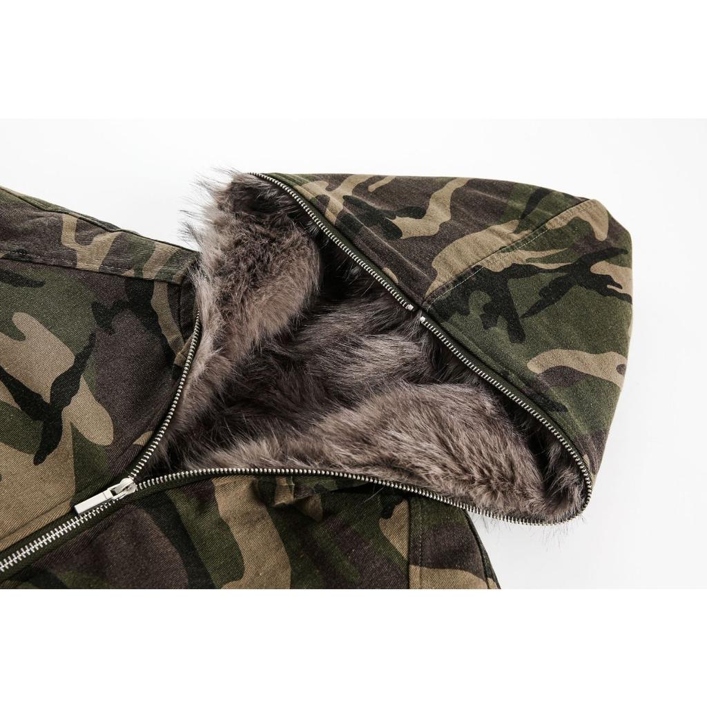 STREETRICH Men's Camouflage Hooded Jacket Women's Fur Collar Cotton Padded Coat Retro American Workwear Winter Jacket Warm Outdoor Coat