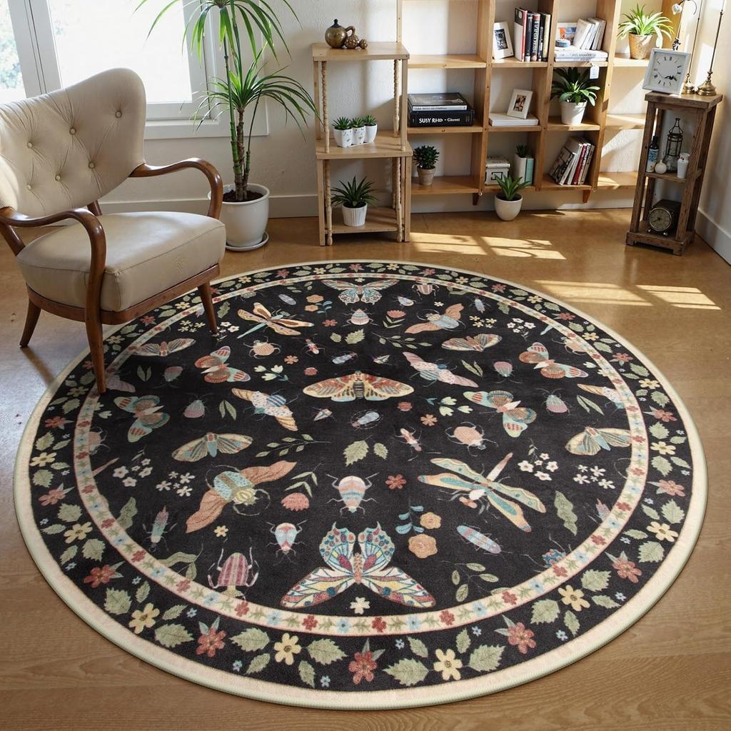 Round Living Room Carpet Green Insect Floral Carpets Home Decoration Rug for Bedroom Bedside Floor Mat Christmas Gifts 
