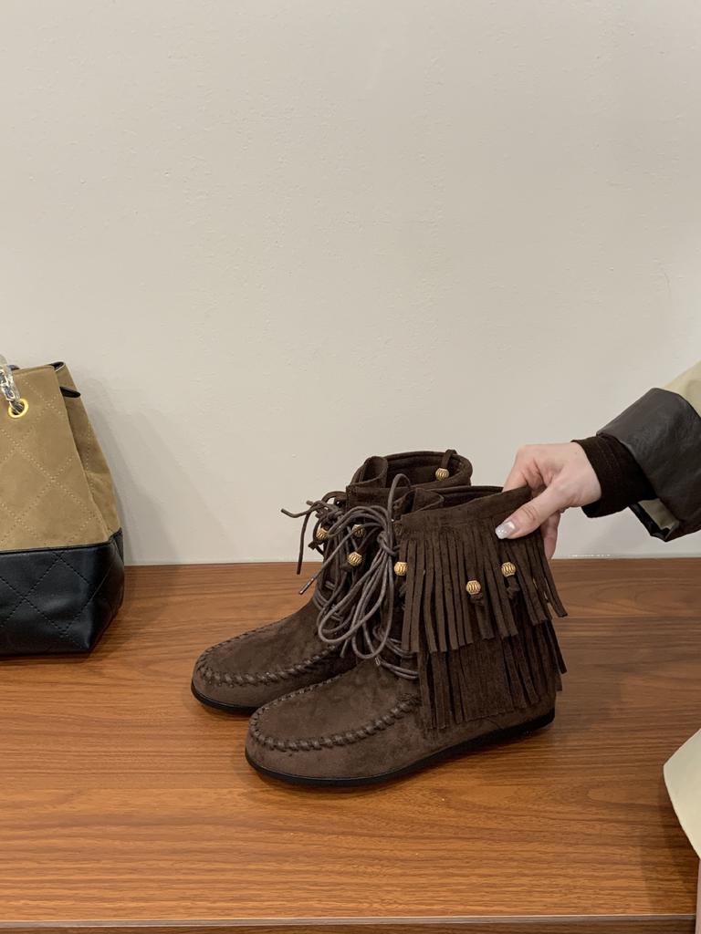 2025 autumn new retro strap fringed boots bosmian flat bottom short boots women