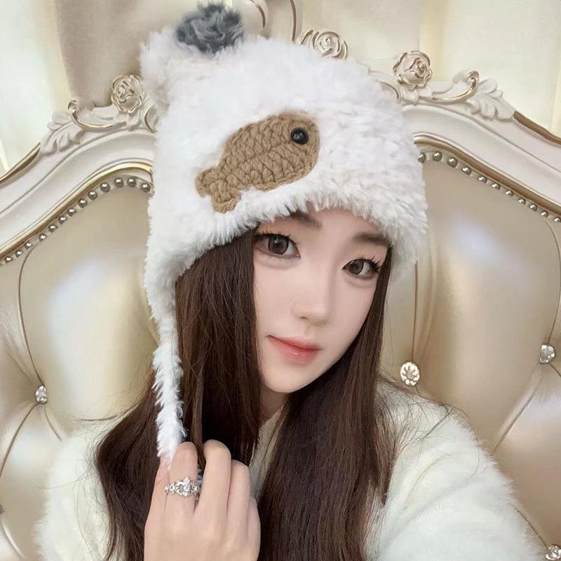 Cute Cat Claw Plush Hat for Women's Ear Protection Lei Feng Hat Knitted Cartoon Riding Warm Versatile Bag Head Hat Men