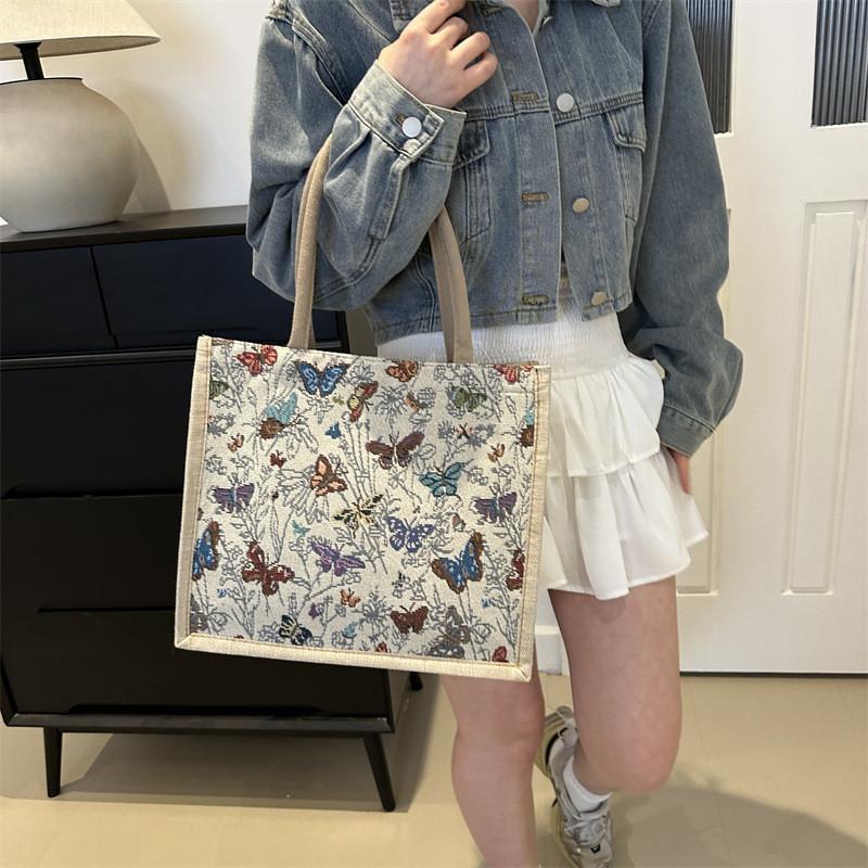 Butterfly Pattern Print Tote Bag For Women Made Of Linen With Magnetic Closure For Daily Commute