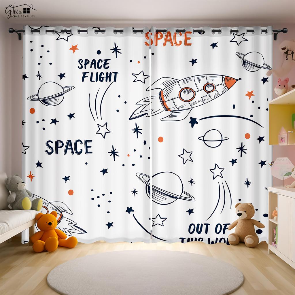 Cartoon Universe Curtains Astronaut Spaceship Rocket Moon Alien Children's Room Children's Bedroom 3D Printing Curtains 2PCS