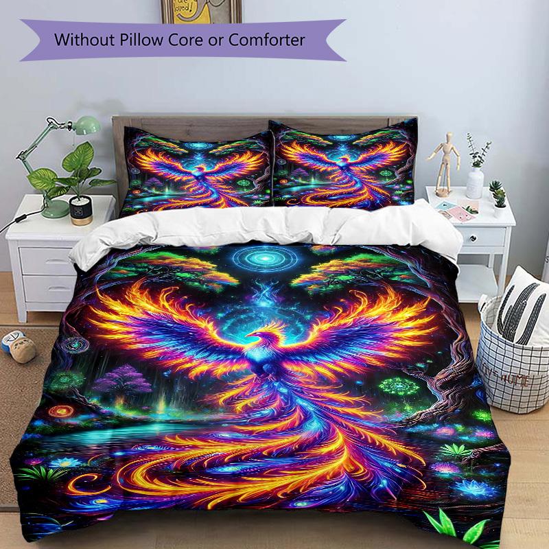 3PCs Psychedelic Phoenix Design Cover Set, Breathable Fabric, Machine Washable (1 Duvet Cover + 2 Pillowcases) (Without Quilt) yy250911176