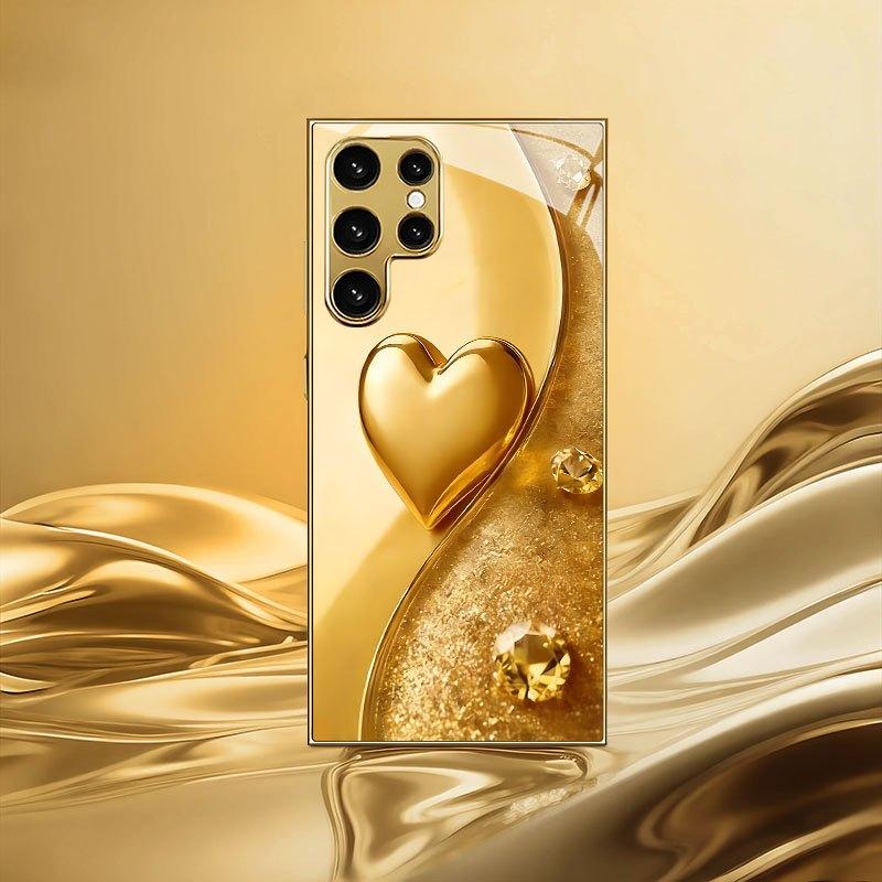 

Позолоченный чехол для телефона из закаленного стекла, совместимый с Galaxy S26 S25 S24 S23 S22 Ultra Plus. Украшен узором в виде золотого сердца. For Galaxy S26