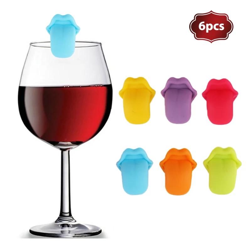 6PCS Tongue Shape Wine Glass Silicone Label Recognizer Marker Cup Mark Sign Wine Glass Tags Drink Charms Cocktail Picks
