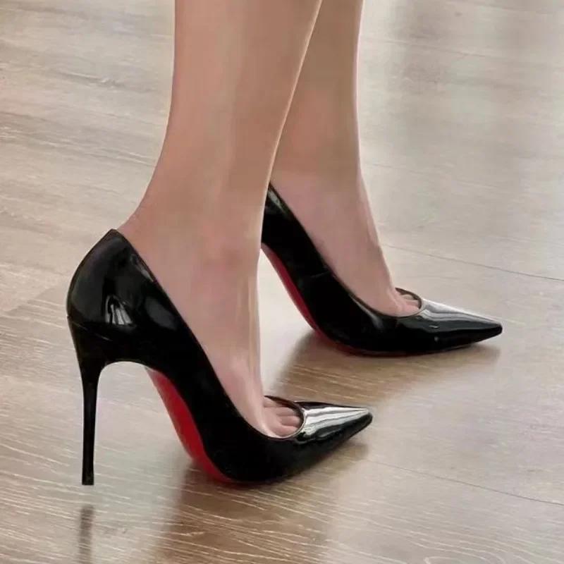 Autumn New 2024 Black Patent Leather Pointed Toe Red Rubber Sole Women's High Heels Party Shoes Sexy Women's Dress Stilettos