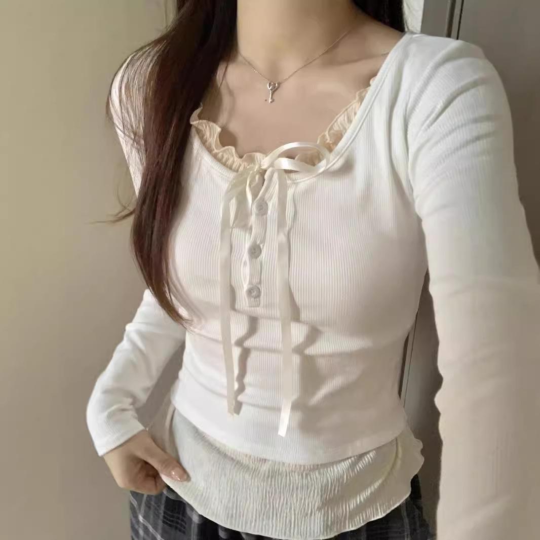 

Женская приталенная футболка из двух частей с длинными рукавами, шикарная многослойная, осень 2025 XL грязно-белый