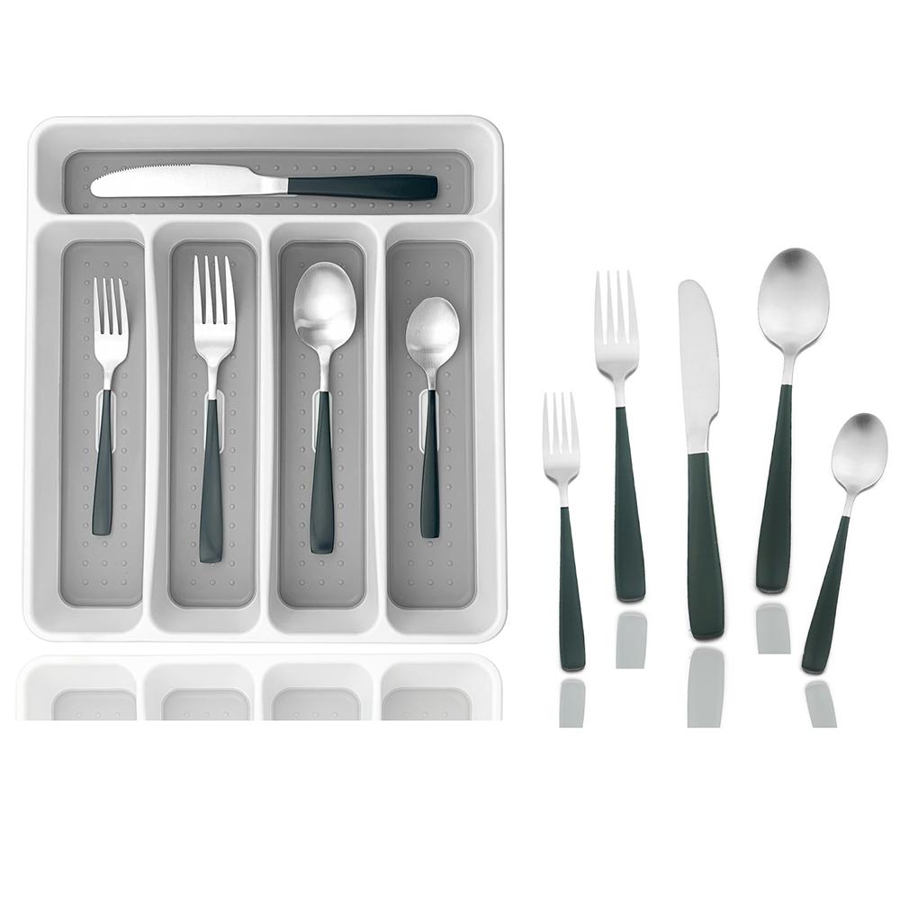 20Pcs Colorful Cutlery Set Dinnerware Set Black Fork Knife Spoon Stainless Steel Home Tableware Set With Plastic Storage Tray