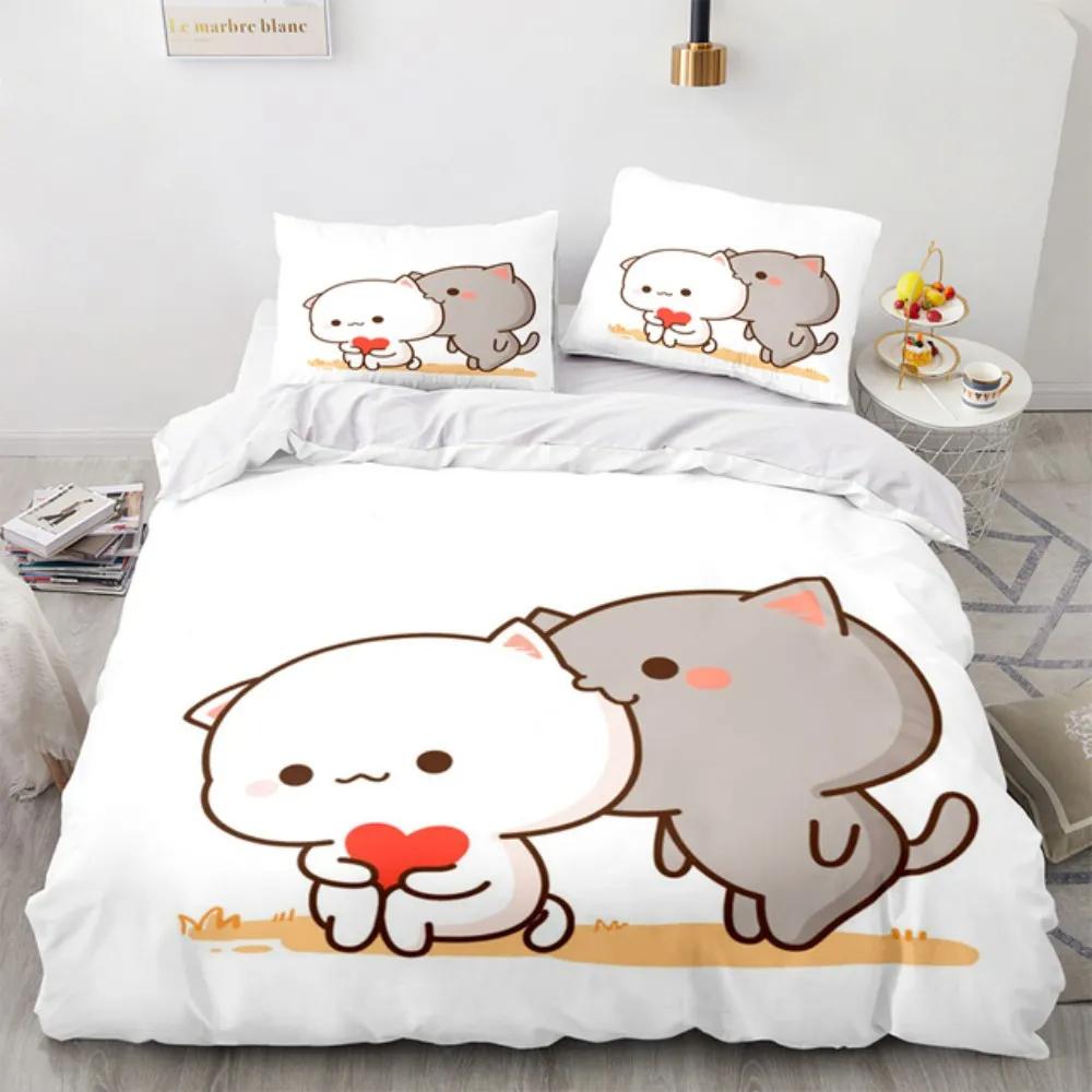 Cartoon Lovely Peach Cat Bedding Set Boys Girls Twin Queen Size Duvet Cover Pillowcase Bed Kids Adult Fashion Home Textileextile