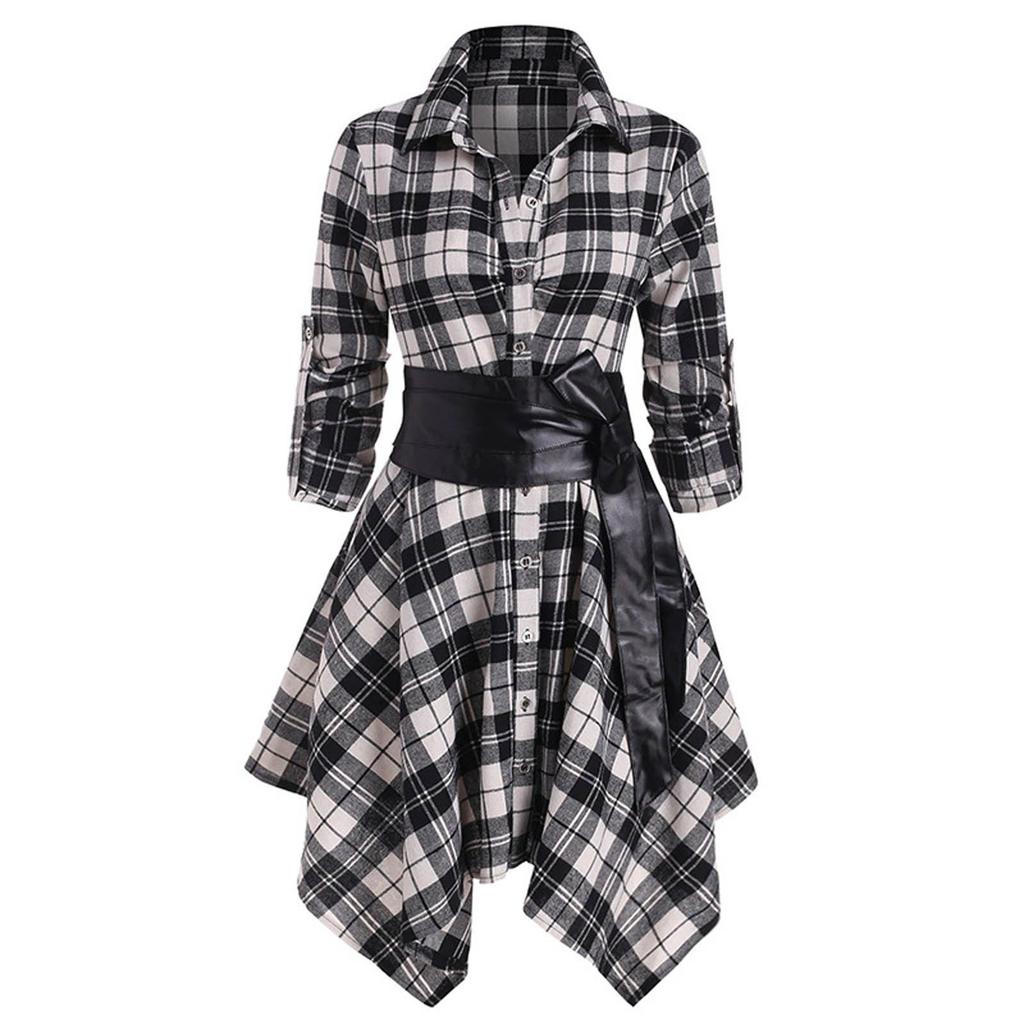 Womens Fashion Loose Long Sleeve Plaid Print Lace Splice Coat Tops T-shirt Dress