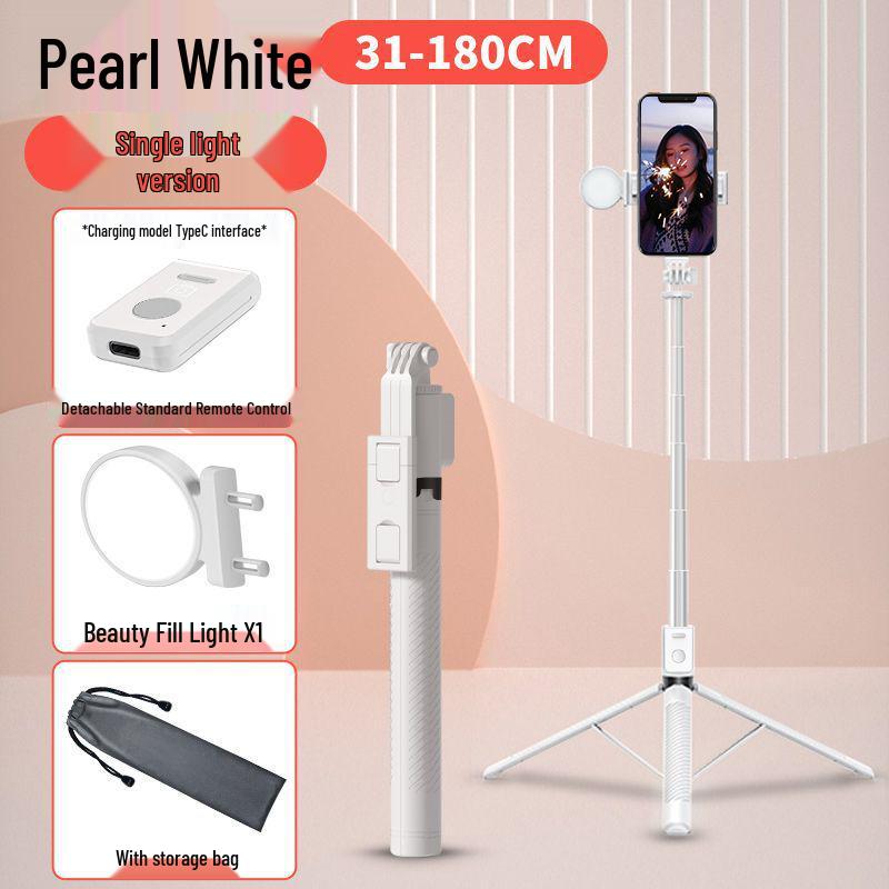 1.8m Bluetooth Selfie Stick with Integrated Tripod and Universal Phone Holder for Remote Control, Charging, and Live Streaming.