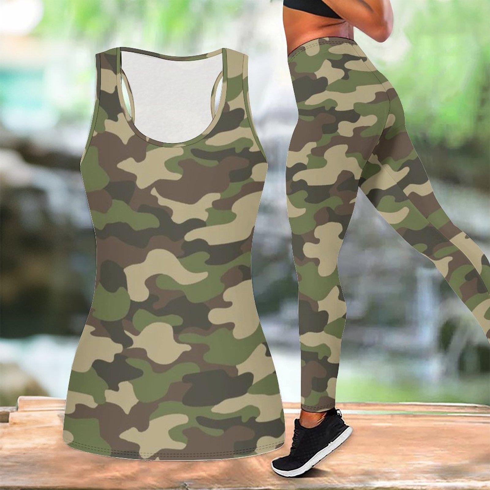 

Комплект для йоги с камуфляжным принтом для женщин Модные леггинсы для тренировок Спортивный костюм для фитнеса Повседневный набор для йоги Спортивный костюм S зелёный