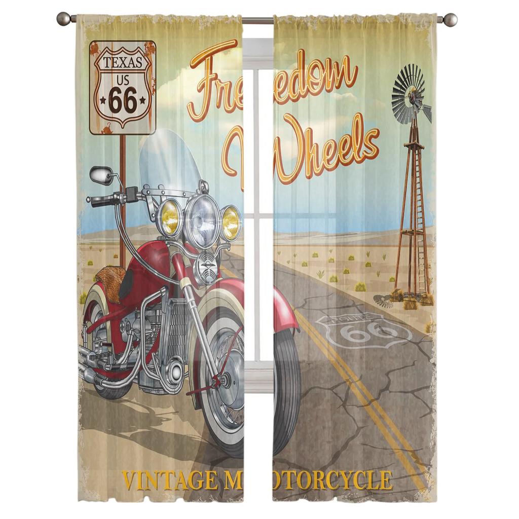 Motorcycle Highway Retro Style Chiffon Curtains Living Room Bedroom Home Decoration Window Voiles Tulle Curtain Light Filtering For Sitting Polyester