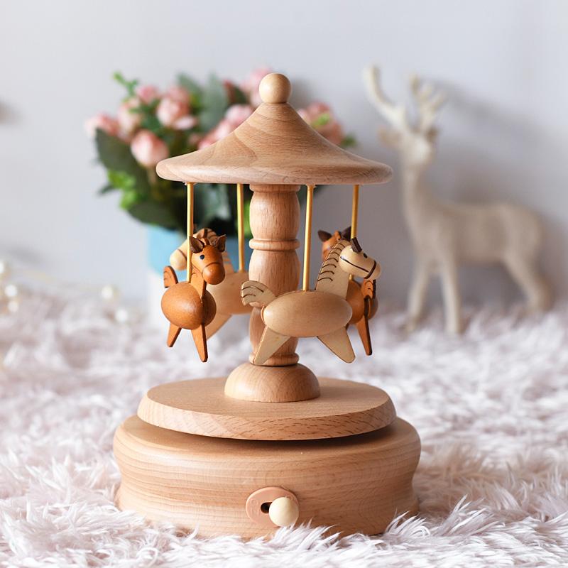 Custom Logo Wooden Music Box 18-Note Mechanical Wind-Up Rotating Carousel Ballerina Gift OEM