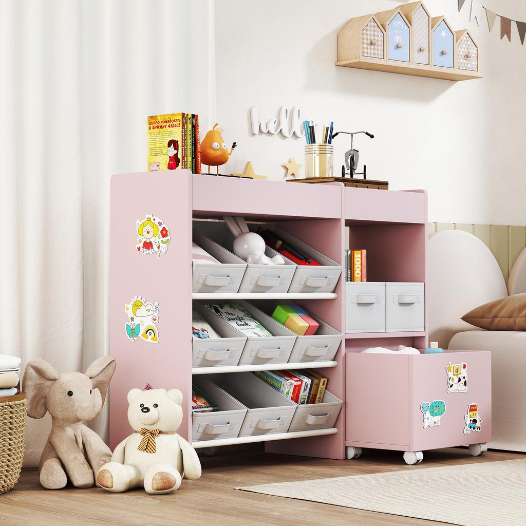 Kids Toy Storage Unit with 11 Bins, Cabinet, Top Shelves, 3 Stickers, for Nursery, Playroom, Pink