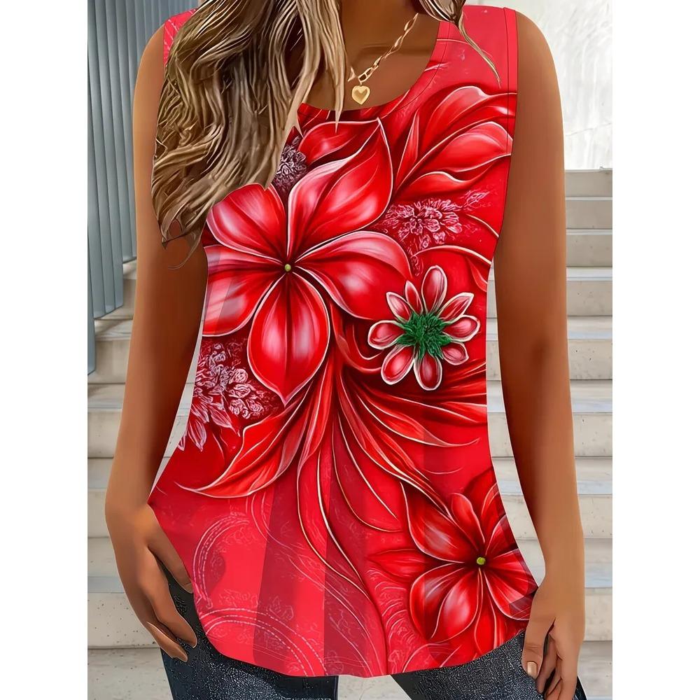 Gilet Estivo da Donna Taglia Larga Fiori Colorati Stampa 3D Largo alla Moda Comodo Morbido Traspirante Scollo a O Senza Maniche