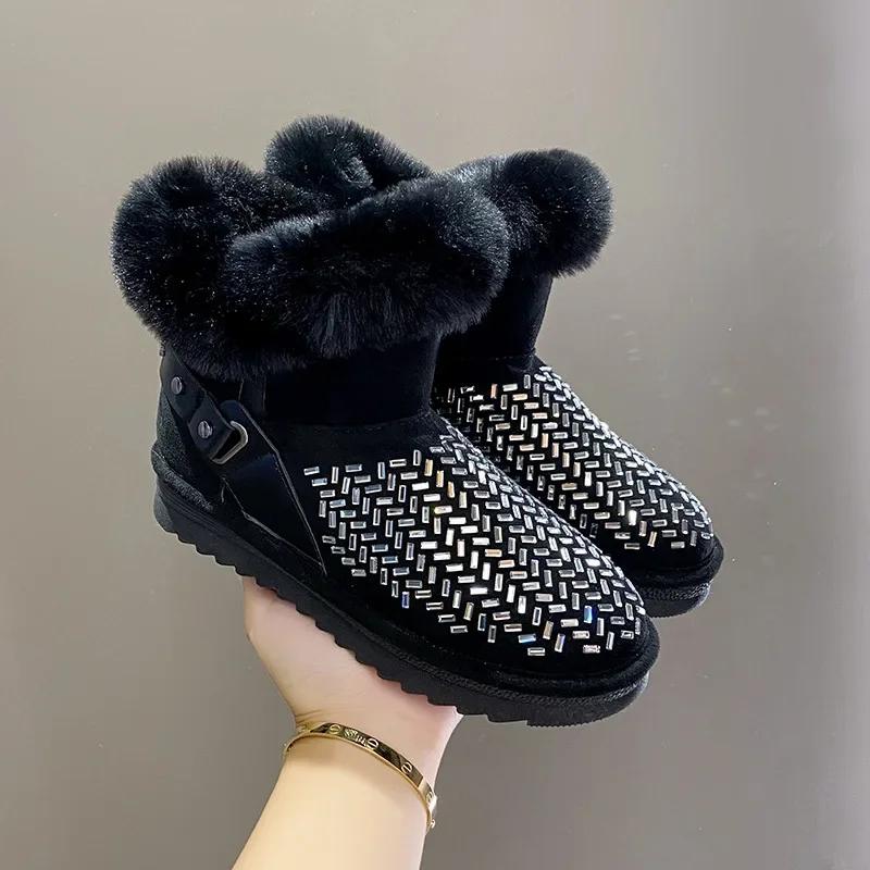 Fashion High Platform Shoes Winter Snow Boots Slip-on LazySeal Warm Real Mink Fur Shoes Women Luxury Crystal Hand Stitching Leather Boot
