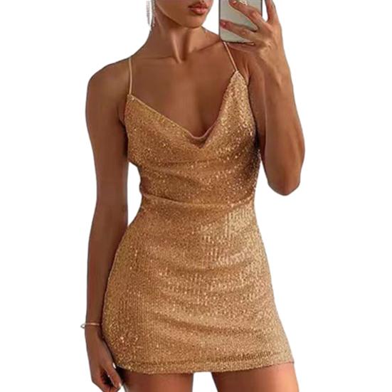 Damenkleid mit V-Ausschnitt, Spaghettiträger, glänzende Pailletten, rückenfrei, weich, ärmellos, schmale Passform, über dem Knie, Länge, Party, Club, Minikleid