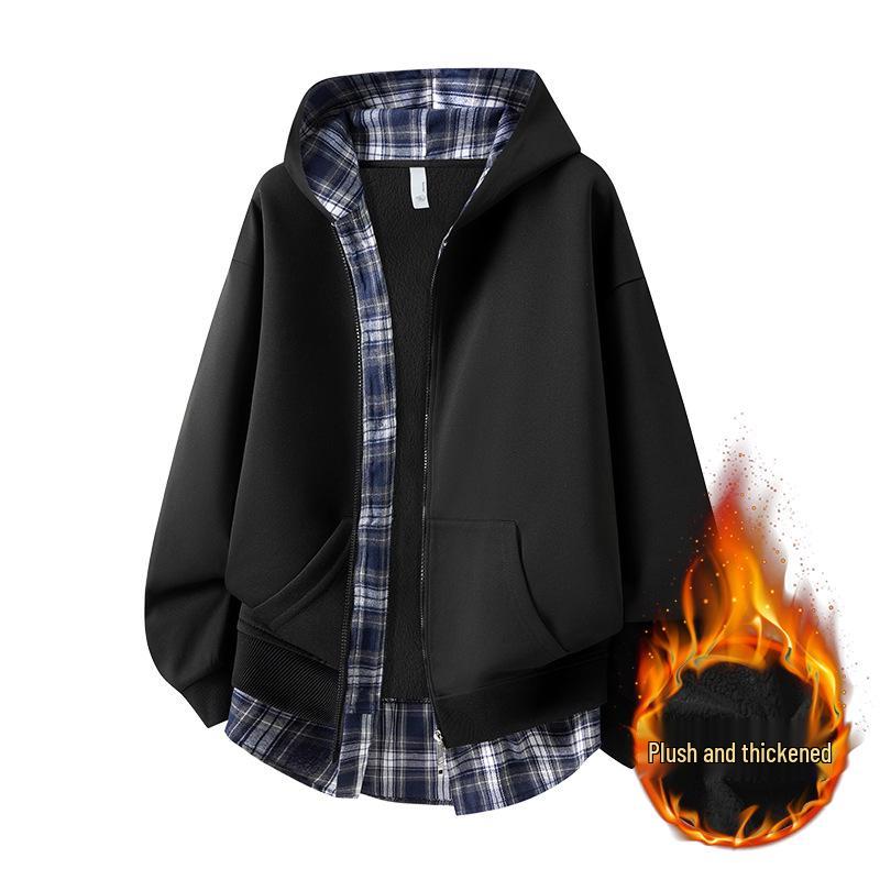 

Unisex Fleece-Lined Plaid Hooded Cardigan with Double Zipper - Perfect for Autumn and Winter. XL