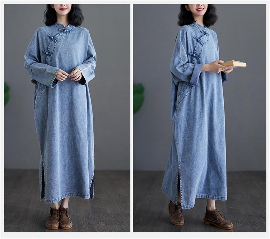 ZHENGTU Cheongsam Denim Long Sleeve Tunic Maxi Dress with Chinese Sizes Women's Dress, Dress, Ethnic, Figure-Flattering, Slit, Style, Retro,