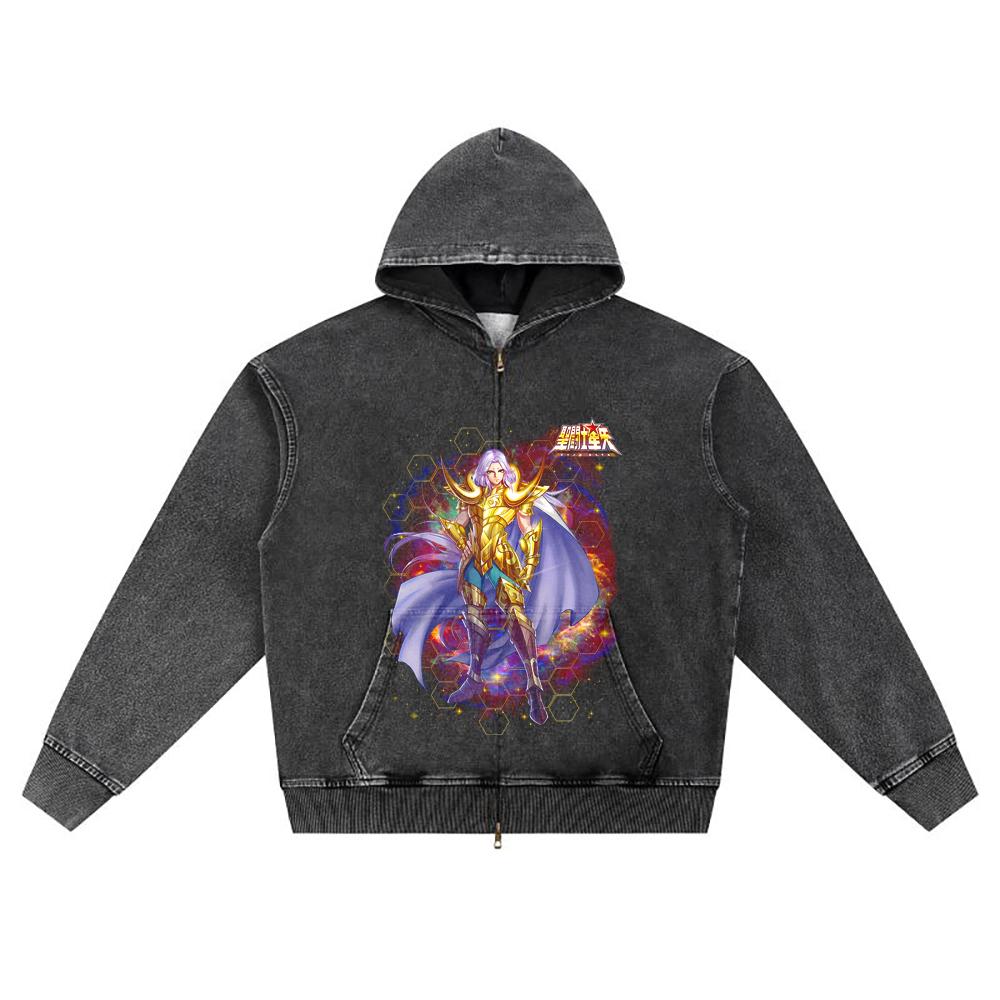 DTG print Knitted Denim Zip-Up Hoodie Caballero Dorado de Aries Brother Print Zipper Hoodies