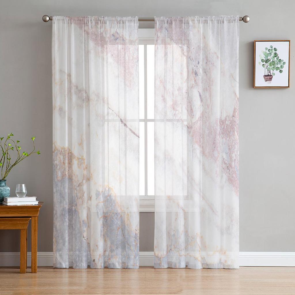 Luxury Tulle Curtains Marble Agate Summer Living Room Kitchen Chiffon Curtain Youth Bedroom Sheer Floor Valance Curtain