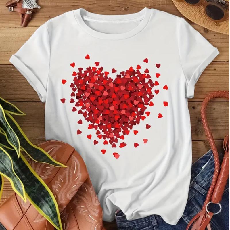 Heart Print Crew Neck T-Shirt Casual Short Sleeve Top For Spring & Summer Women's Clothing