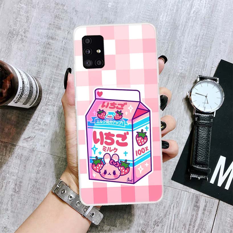 Kawaii Japanese Strawberry Milk Box Phone Case For Samsung Galaxy A14 A15 A13 A12 A54 A55 A53 A52 A04S A24 A25 A23 A22 A34 A35 A