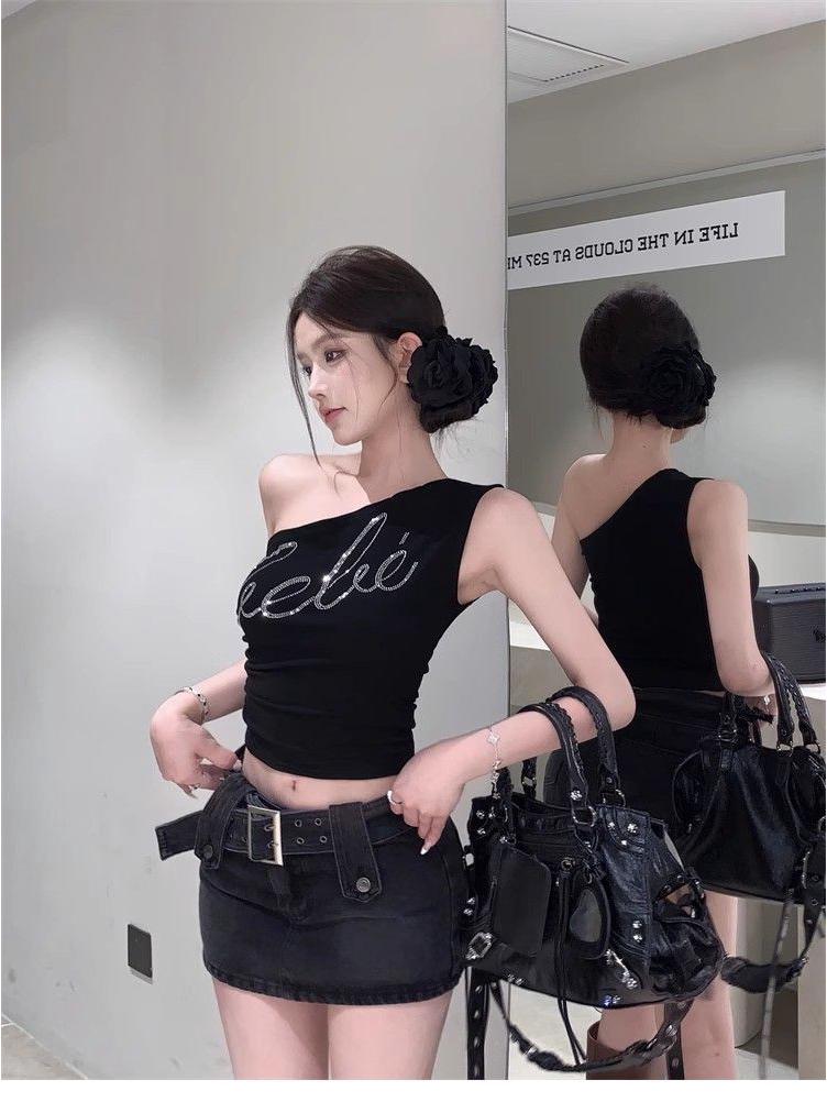 Pure & Sexy Rhinestone One-Shoulder Crop Top - Slimming Summer Tank for Women