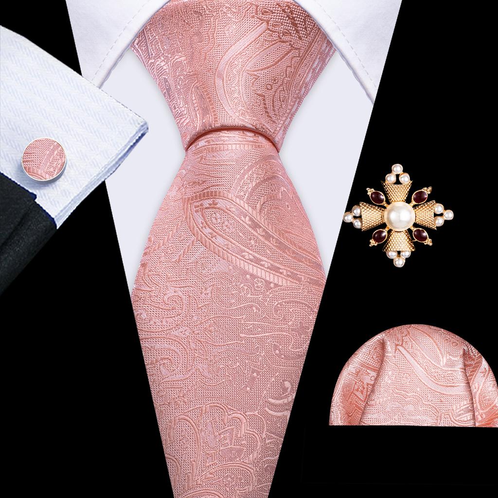 Pearl Brooch with Silk Tie for Men Vintage Floral Teal Necktie Hanky Cufflinks Gift Formal Set