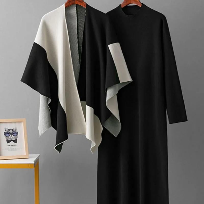 

Корейский дизайн Вязаные комплекты из 2 предметов Женские Вязаные изделия с круглым вырезом Однотонный свитер-пуловер Платье Conjuntos Осень Зима Повседневный наряд с шалью One size чёрный