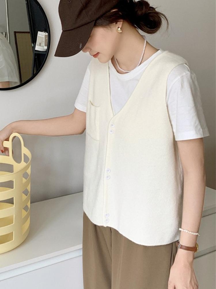Korean Version Solid Pocket Knitted Vest Cardigan Women's Autumn Winter New Loose Fashion V-neck Sleeveless Sweater Vest